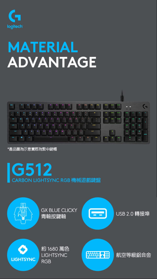 Logitech 羅技 G512 GX青軸/RGB機械式遊戲鍵盤：圖片 2
