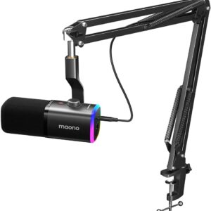 MAONO Dynamic Gaming Microphone with Boom Arm: XLR/USB Podcast Microphone with Software, Mute Button, Gain Control, RGB PC Mic for Streaming, Recording,...