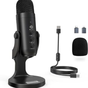 ZealSound USB 麥克風、電容式電腦電腦麥克風、隨插即用遊戲麥克風,適用於 PS 4 和 5。耳機輸出和音量控制、麥克風增益控制、靜音按鈕聲樂、Mac 和 Windows 上的 YouTube 播客(黑色)