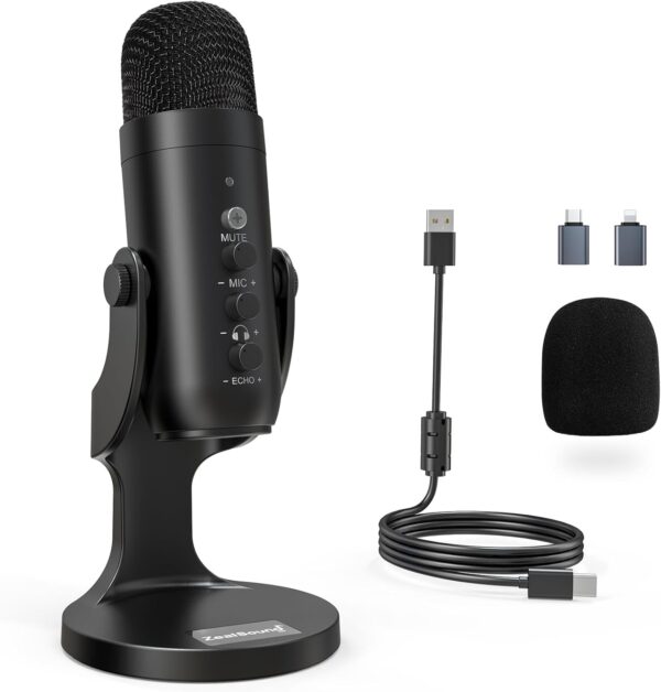 ZealSound USB 麥克風、電容式電腦電腦麥克風、隨插即用遊戲麥克風,適用於 PS 4 和 5。耳機輸出和音量控制、麥克風增益控制、靜音按鈕聲樂、Mac 和 Windows 上的 YouTube 播客(黑色)