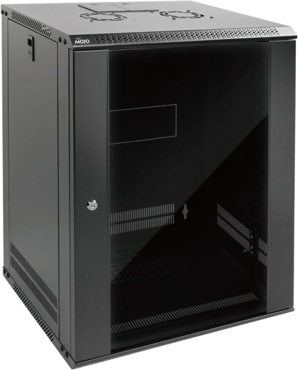 Tecmojo 15U 壁掛式機架網路機櫃,適用於 19 吋 IT 設備,附可鎖定玻璃門和側板,冷卻風扇,17 吋深度,黑色(15U)