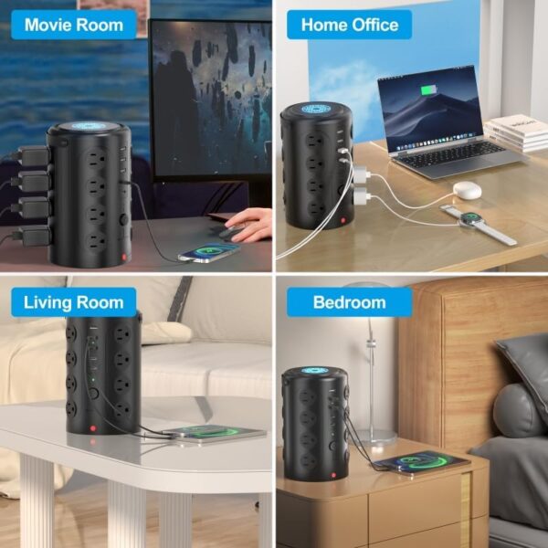 Tower Power Strip 電湧保護器 附 16 個插座和 5 個 USB 連接埠 (2 個 USB-C),6 英尺(約 1.6 公尺)延長線,附多個插座,重型充電站,家庭辦公室宿舍房間必需品。 無無線充電：圖片 2