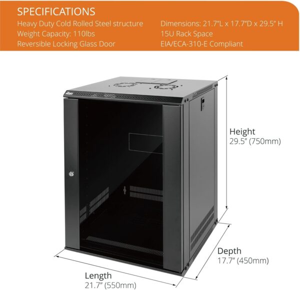 Tecmojo 15U 壁掛式機架網路機櫃,適用於 19 吋 IT 設備,附可鎖定玻璃門和側板,冷卻風扇,17 吋深度,黑色(15U)：圖片 6