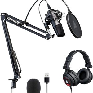 USB 麥克風 附錄音室耳機組 192kHz/24 位 MAONO AU-A04H 人聲電容心型播客麥克風 兼容 Mac 和 Windows YouTube 遊戲 直播 語音
