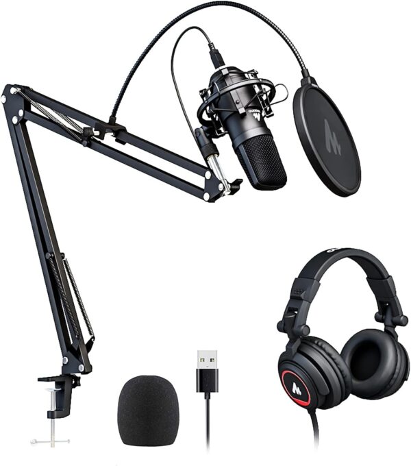 USB 麥克風 附錄音室耳機組 192kHz/24 位 MAONO AU-A04H 人聲電容心型播客麥克風 兼容 Mac 和 Windows YouTube 遊戲 直播 語音