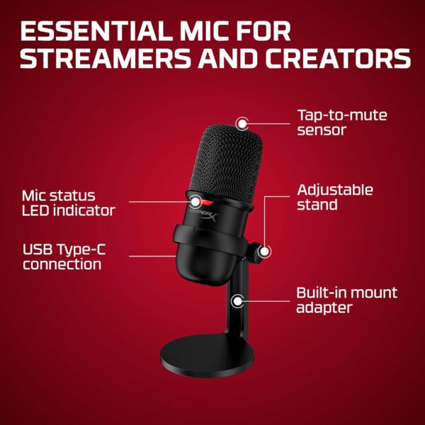 HyperX SoloCast – USB 電容式遊戲麥克風,適用於 PC、PS4、PS5 和 Mac、Tap-to-靜音感應器、心形極地圖案,非常適合串流、播客、抽搐、YouTube、不和諧,黑色：圖片 2
