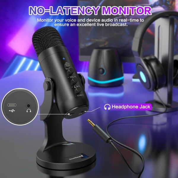 ZealSound USB 麥克風、電容式電腦電腦麥克風、隨插即用遊戲麥克風,適用於 PS 4 和 5。耳機輸出和音量控制、麥克風增益控制、靜音按鈕聲樂、Mac 和 Windows 上的 YouTube 播客(黑色)：圖片 5