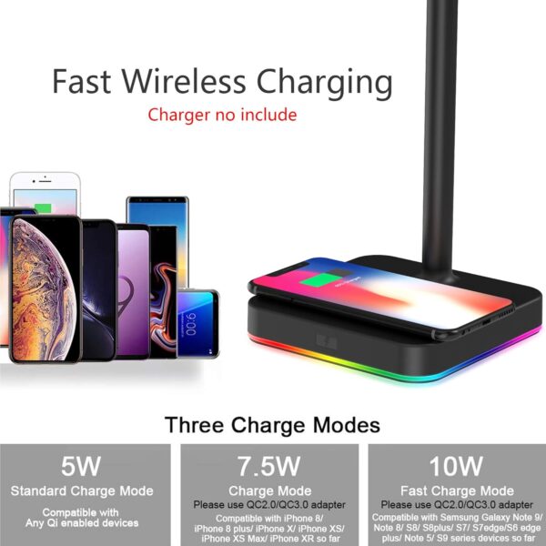 KAFRI RGB 耳機支架 附無線充電器 桌面遊戲耳機架 掛架 附 10W/7.5W 快速充電 QI 無線充電板 - 適用於遊戲玩家 桌面遊戲耳機配件：圖片 5