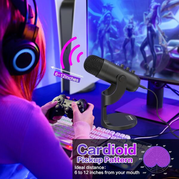 ZealSound USB 麥克風、電容式電腦電腦麥克風、隨插即用遊戲麥克風,適用於 PS 4 和 5。耳機輸出和音量控制、麥克風增益控制、靜音按鈕聲樂、Mac 和 Windows 上的 YouTube 播客(黑色)：圖片 4