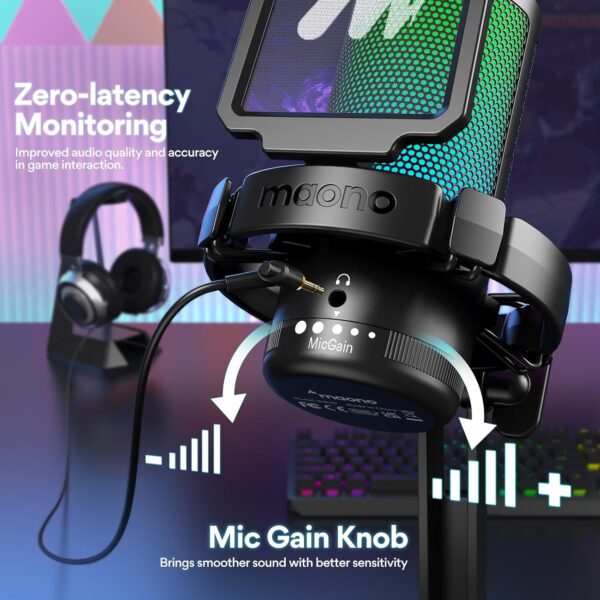 MAONO USB 電競麥克風 適用於 PC 的降噪電容式麥克風 附 RGB 燈 靜音、增益 用於串流、錄製、播客、聊天、抽搐、YouTube、Discord、電腦、PS5、PS4、GamerWave DGM20：圖片 6
