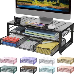 gianotter 電腦螢幕立架 書桌收納器和配件 附抽屜、辦公桌配件和工作區 桌面收納櫃 適用於教室辦公用品 (黑色)