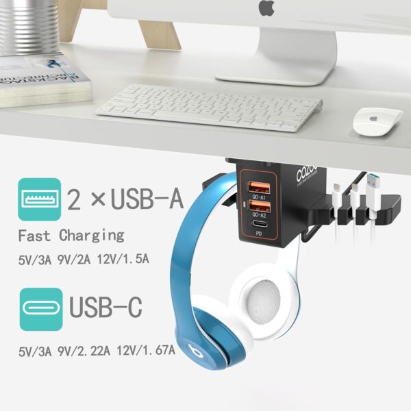 COZOO 頭戴式耳機支架 附 USB 充電器 桌下型耳機掛架 配有 3 個 USB 充電埠和 iWatch 智慧型手錶用支架和充電座 2 個耳機掛鉤 經過 UL 檢測：圖片 7