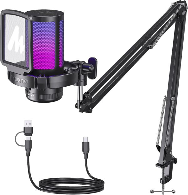 MAONO Gaming USB 麥克風,降噪電容麥克風,附靜音、增益、監控、串流、播客、抽搐、YouTube、Discord、PC、PS4、PS5、Mac、GamerWave DGM20S