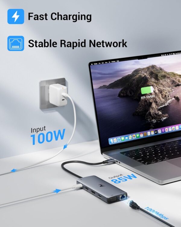 LIONWEI USB C 擴展塢雙顯示器,適用於 Dell/HP/Surface 筆記型電腦,12 合 1 集線器三重顯示轉接器,多埠加密狗,附 HDMI+顯示器 VGA+4 USB C/A+100W PD+乙太網路+SD/TF+音訊：圖片 3