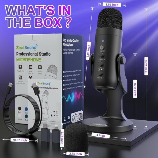 ZealSound USB 麥克風、電容式電腦電腦麥克風、隨插即用遊戲麥克風,適用於 PS 4 和 5。耳機輸出和音量控制、麥克風增益控制、靜音按鈕聲樂、Mac 和 Windows 上的 YouTube 播客(黑色)：圖片 3