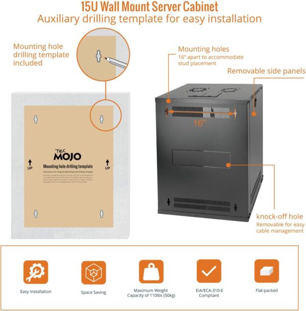Tecmojo 15U 壁掛式機架網路機櫃,適用於 19 吋 IT 設備,附可鎖定玻璃門和側板,冷卻風扇,17 吋深度,黑色(15U)：圖片 3