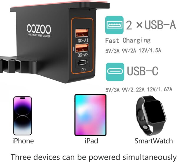 COZOO 頭戴式耳機支架 附 USB 充電器 桌下型耳機掛架 配有 3 個 USB 充電埠和 iWatch 智慧型手錶用支架和充電座 2 個耳機掛鉤 經過 UL 檢測：圖片 8