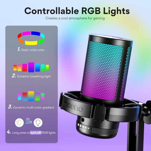 MAONO USB 電競麥克風 適用於 PC 的降噪電容式麥克風 附 RGB 燈 靜音、增益 用於串流、錄製、播客、聊天、抽搐、YouTube、Discord、電腦、PS5、PS4、GamerWave DGM20：圖片 7