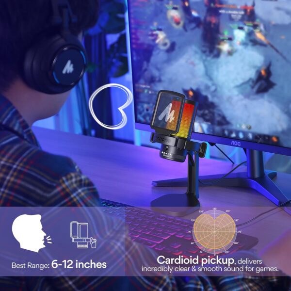 MAONO USB 電競麥克風 適用於 PC 的降噪電容式麥克風 附 RGB 燈 靜音、增益 用於串流、錄製、播客、聊天、抽搐、YouTube、Discord、電腦、PS5、PS4、GamerWave DGM20：圖片 5