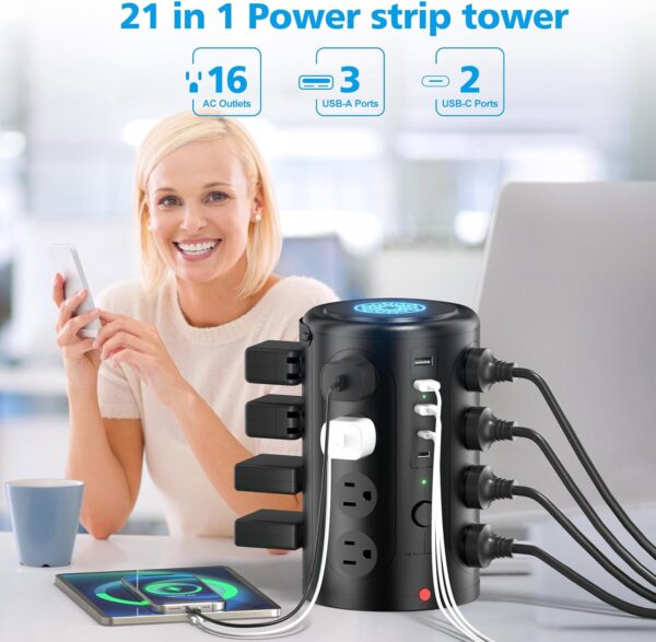 Tower Power Strip 電湧保護器 附 16 個插座和 5 個 USB 連接埠 (2 個 USB-C),6 英尺(約 1.6 公尺)延長線,附多個插座,重型充電站,家庭辦公室宿舍房間必需品。 無無線充電：圖片 6