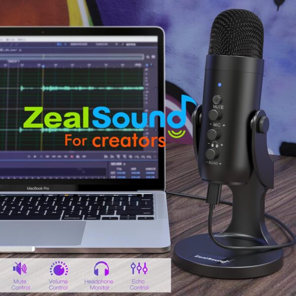 ZealSound USB 麥克風、電容式電腦電腦麥克風、隨插即用遊戲麥克風,適用於 PS 4 和 5。耳機輸出和音量控制、麥克風增益控制、靜音按鈕聲樂、Mac 和 Windows 上的 YouTube 播客(黑色)：圖片 2