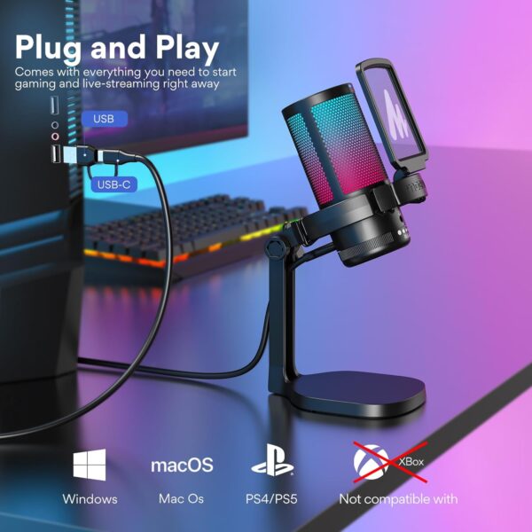 MAONO USB 電競麥克風 適用於 PC 的降噪電容式麥克風 附 RGB 燈 靜音、增益 用於串流、錄製、播客、聊天、抽搐、YouTube、Discord、電腦、PS5、PS4、GamerWave DGM20：圖片 4