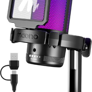 MAONO USB 電競麥克風 適用於 PC 的降噪電容式麥克風 附 RGB 燈 靜音、增益 用於串流、錄製、播客、聊天、抽搐、YouTube、Discord、電腦、PS5、PS4、GamerWave DGM20