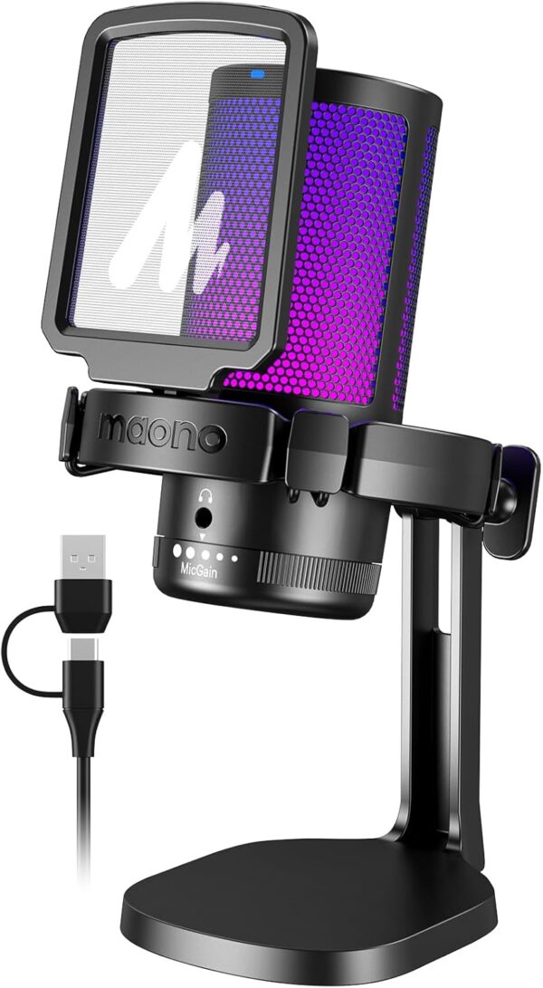 MAONO USB 電競麥克風 適用於 PC 的降噪電容式麥克風 附 RGB 燈 靜音、增益 用於串流、錄製、播客、聊天、抽搐、YouTube、Discord、電腦、PS5、PS4、GamerWave DGM20