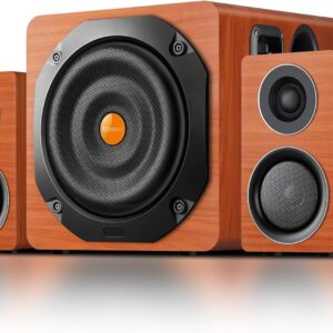 電腦遊戲喇叭系統,附重低音喇叭、PC 桌面螢幕環繞音效、兩個衛星、中音和高音,全範圍覆蓋,支援光學/同軸/3.5 至 RCA/無線連接