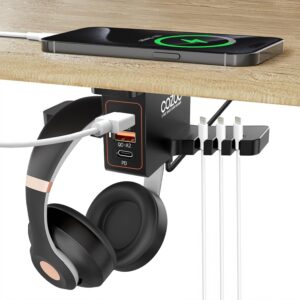 COZOO 頭戴式耳機支架 附 USB 充電器 桌下型耳機掛架 配有 3 個 USB 充電埠和 iWatch 智慧型手錶用支架和充電座 2 個耳機掛鉤 經過 UL 檢測