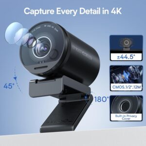 EMEET SmartCam S800-4K 網路攝影機 適用於串流,Sony 1/2 吋感應器,支援 HDR,PDAF&TOF 雙自動對焦,1080P@60fps,2 個降噪麥克風,40°-73° FOV,非常適合直播和線上會議
