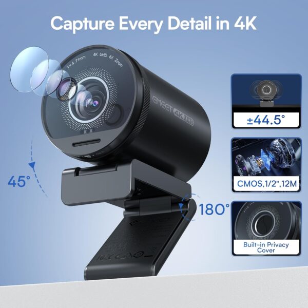 EMEET SmartCam S800-4K 網路攝影機 適用於串流,Sony 1/2 吋感應器,支援 HDR,PDAF&TOF 雙自動對焦,1080P@60fps,2 個降噪麥克風,40°-73° FOV,非常適合直播和線上會議