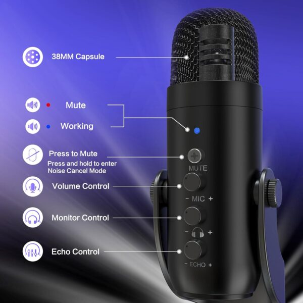 ZealSound USB 麥克風、電容式電腦電腦麥克風、隨插即用遊戲麥克風,適用於 PS 4 和 5。耳機輸出和音量控制、麥克風增益控制、靜音按鈕聲樂、Mac 和 Windows 上的 YouTube 播客(黑色)：圖片 6
