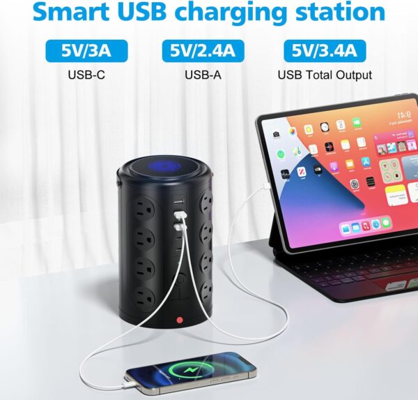 Tower Power Strip 電湧保護器 附 16 個插座和 5 個 USB 連接埠 (2 個 USB-C),6 英尺(約 1.6 公尺)延長線,附多個插座,重型充電站,家庭辦公室宿舍房間必需品。 無無線充電：圖片 3