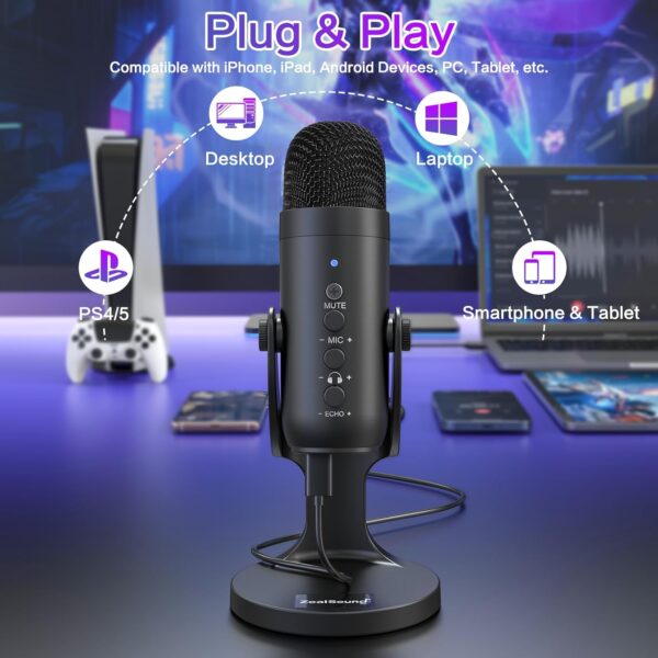ZealSound USB 麥克風、電容式電腦電腦麥克風、隨插即用遊戲麥克風,適用於 PS 4 和 5。耳機輸出和音量控制、麥克風增益控制、靜音按鈕聲樂、Mac 和 Windows 上的 YouTube 播客(黑色)：圖片 8