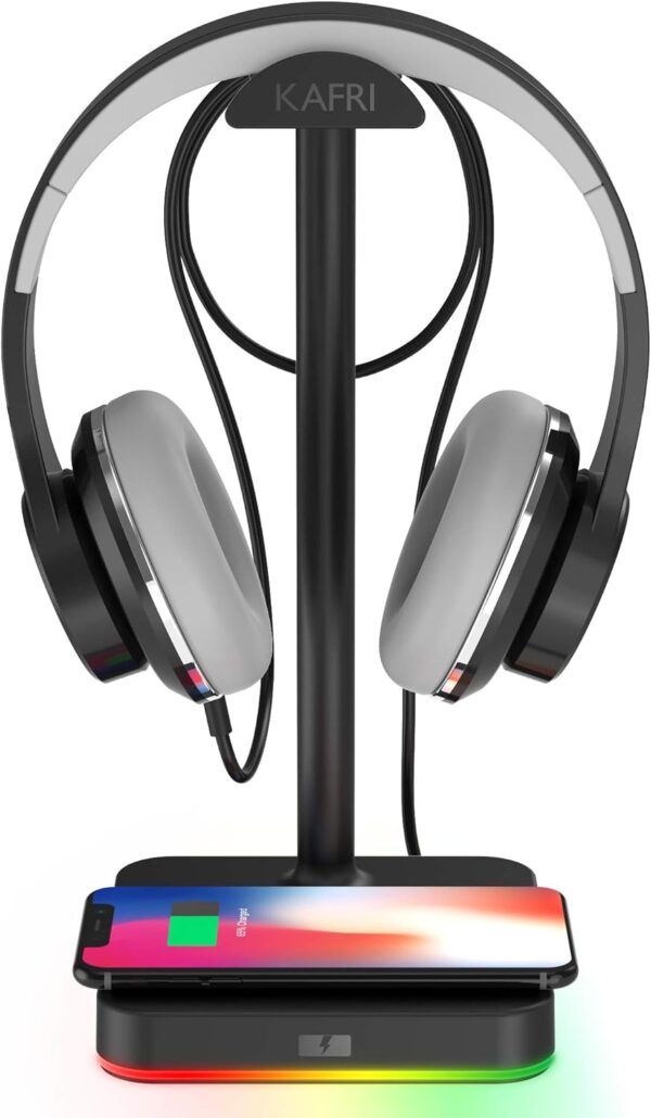 KAFRI RGB 耳機支架 附無線充電器 桌面遊戲耳機架 掛架 附 10W/7.5W 快速充電 QI 無線充電板 - 適用於遊戲玩家 桌面遊戲耳機配件