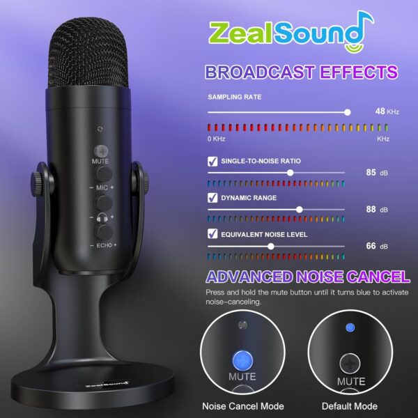 ZealSound USB 麥克風、電容式電腦電腦麥克風、隨插即用遊戲麥克風,適用於 PS 4 和 5。耳機輸出和音量控制、麥克風增益控制、靜音按鈕聲樂、Mac 和 Windows 上的 YouTube 播客(黑色)：圖片 7