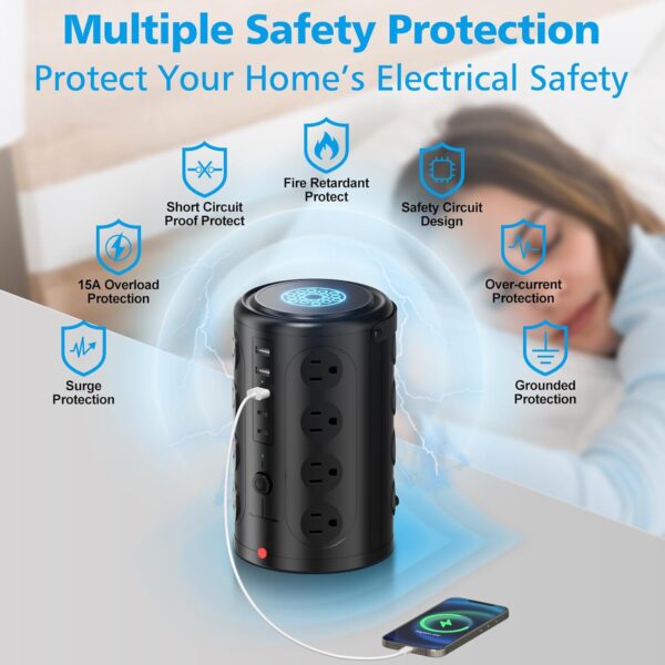 Tower Power Strip 電湧保護器 附 16 個插座和 5 個 USB 連接埠 (2 個 USB-C),6 英尺(約 1.6 公尺)延長線,附多個插座,重型充電站,家庭辦公室宿舍房間必需品。 無無線充電：圖片 5