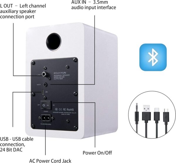 SW208 3 吋主動藍牙 5.0 書架喇叭 – 60W 碳纖維喇叭單元 – 內建 24 位元 DAC 動態 3D 環繞音效 2.0 電腦螢幕遊戲(一對,白色)：圖片 4
