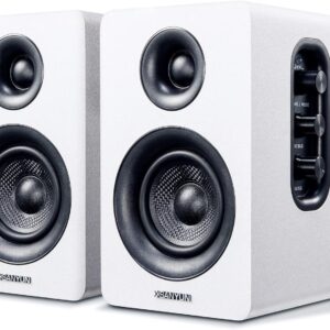 SW208 3 吋主動藍牙 5.0 書架喇叭 – 60W 碳纖維喇叭單元 – 內建 24 位元 DAC 動態 3D 環繞音效 2.0 電腦螢幕遊戲(一對,白色)