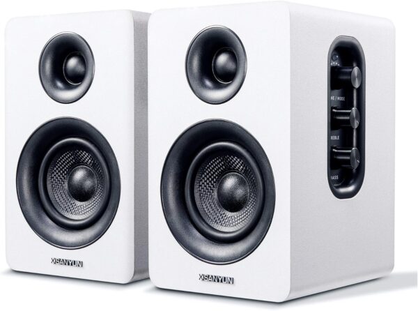 SW208 3 吋主動藍牙 5.0 書架喇叭 – 60W 碳纖維喇叭單元 – 內建 24 位元 DAC 動態 3D 環繞音效 2.0 電腦螢幕遊戲(一對,白色)