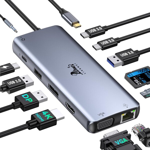 LIONWEI USB C 擴展塢雙顯示器,適用於 Dell/HP/Surface 筆記型電腦,12 合 1 集線器三重顯示轉接器,多埠加密狗,附 HDMI+顯示器 VGA+4 USB C/A+100W PD+乙太網路+SD/TF+音訊